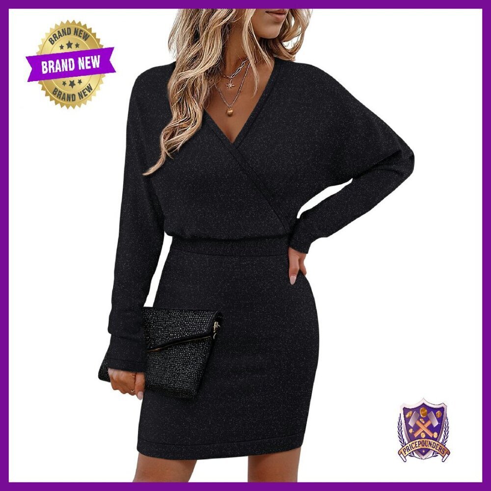 Sexy V Neck Batwing Sleeve Sparkly Sweater Dress Bodycon Midi